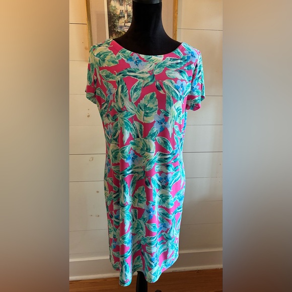 pappagalla Dresses & Skirts - Pappagallo Tropical Leaf Print Knit Dress Pink/Green Size M party ready   C20